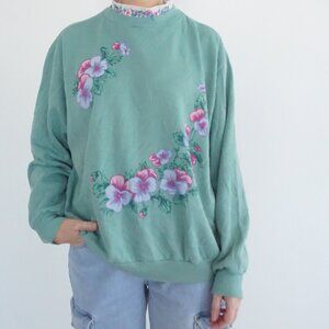 Vintage Blair Green Floral Garden Mockneck Collar Cottagecore Sweatshirt XL